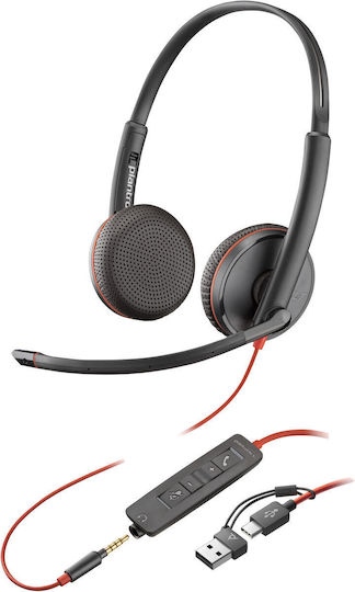 POLY Στερεοφωνικά ακουστικά Blackwire 3225 USB-C +υποδοχή 3.5mm +Προσαρμογέας USB-C/A